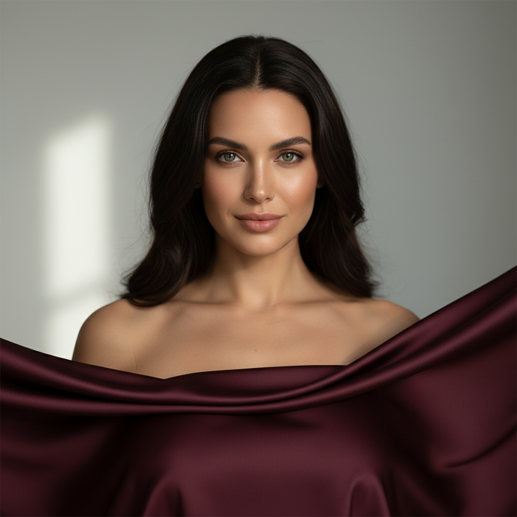 מודל אישה בצילום ביוטי: לבוש מינימליסטי מבד משי-טנסל עם קפלים זורמים בגוון יין עמוק; רקע סטודיו מינימליסטי עם צללים רכים, תאורה רכה המדגישה תווי פנים ועור קורן, אווירה יוקרתית ושלווה.התמונה תכיל רק אדם אחד.