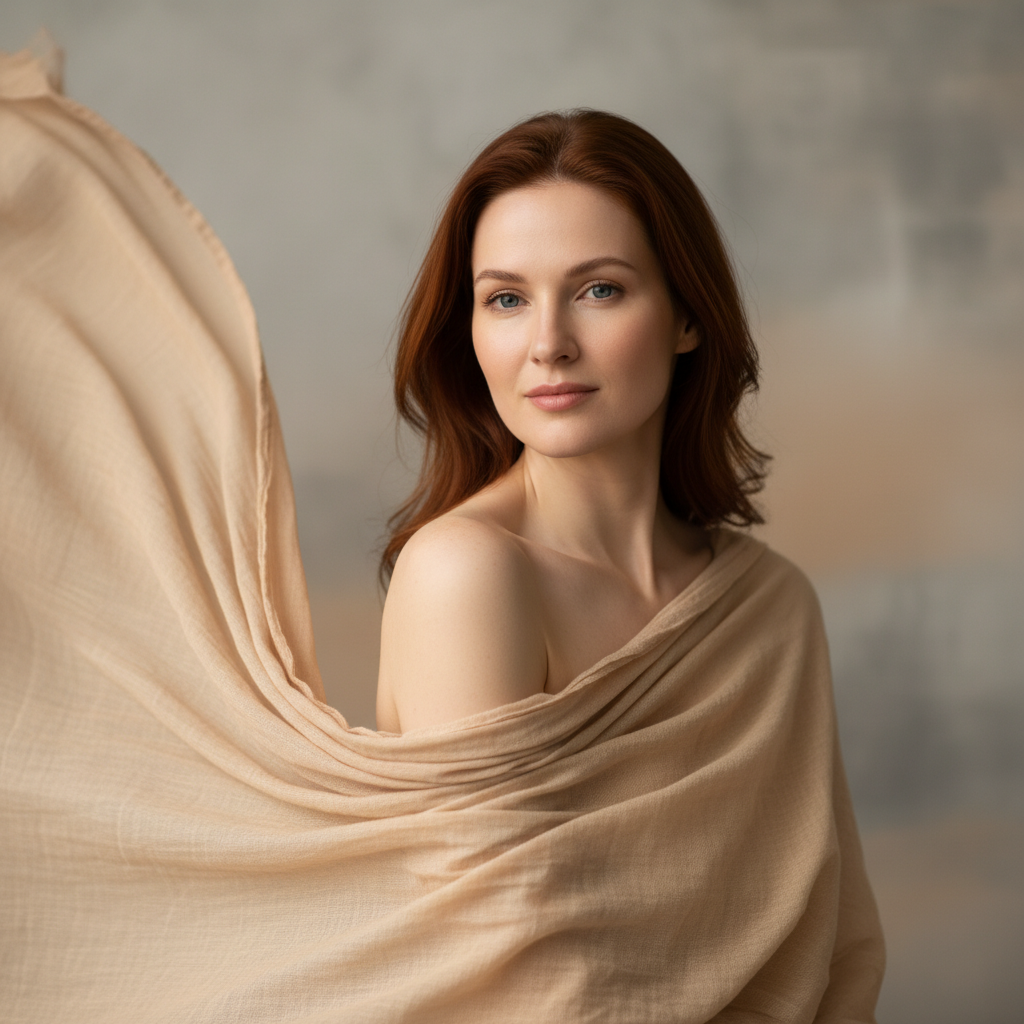 מודל אישה בצילום ביוטי: בד מוסלין עדין וטבעי בגוון בז' חם, עם שכבות רכות, ללא אביזרים; רקע מינימליסטי עם משיחות מכחול עדינות בגווני אבן וחול, תאורה טבעית וזוהרת המדגישה בהירות עור, אווירה קלילה, רכה ובוהקת.התמונה תכיל רק אדם אחד.