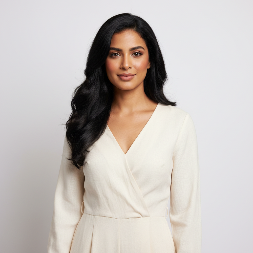 מודל אישה בצילום ביוטי מקצועי: לבוש קז'ואל-אלגנטי מינימליסטי מבד רך בצבע ניטרלי; רקע סטודיו נקי, תאורה רכה ומחמיאה, אווירה אלגנטית וטבעית.התמונה תכיל רק אדם אחד.