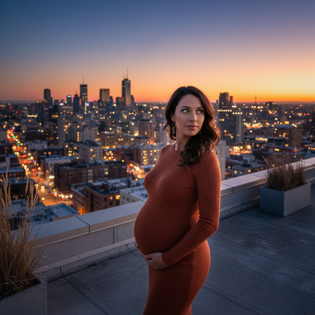 המודל ההרה, בשמלת סריג צמודה בגוון טרקוטה עם עגילים עדינים, ניצבת על גג בניין עירוני בשעת בין ערביים, מוארת באורות העיר המנצנצים, באווירה קוסמופוליטית ודרמטית.התמונה תכיל רק אדם אחד.