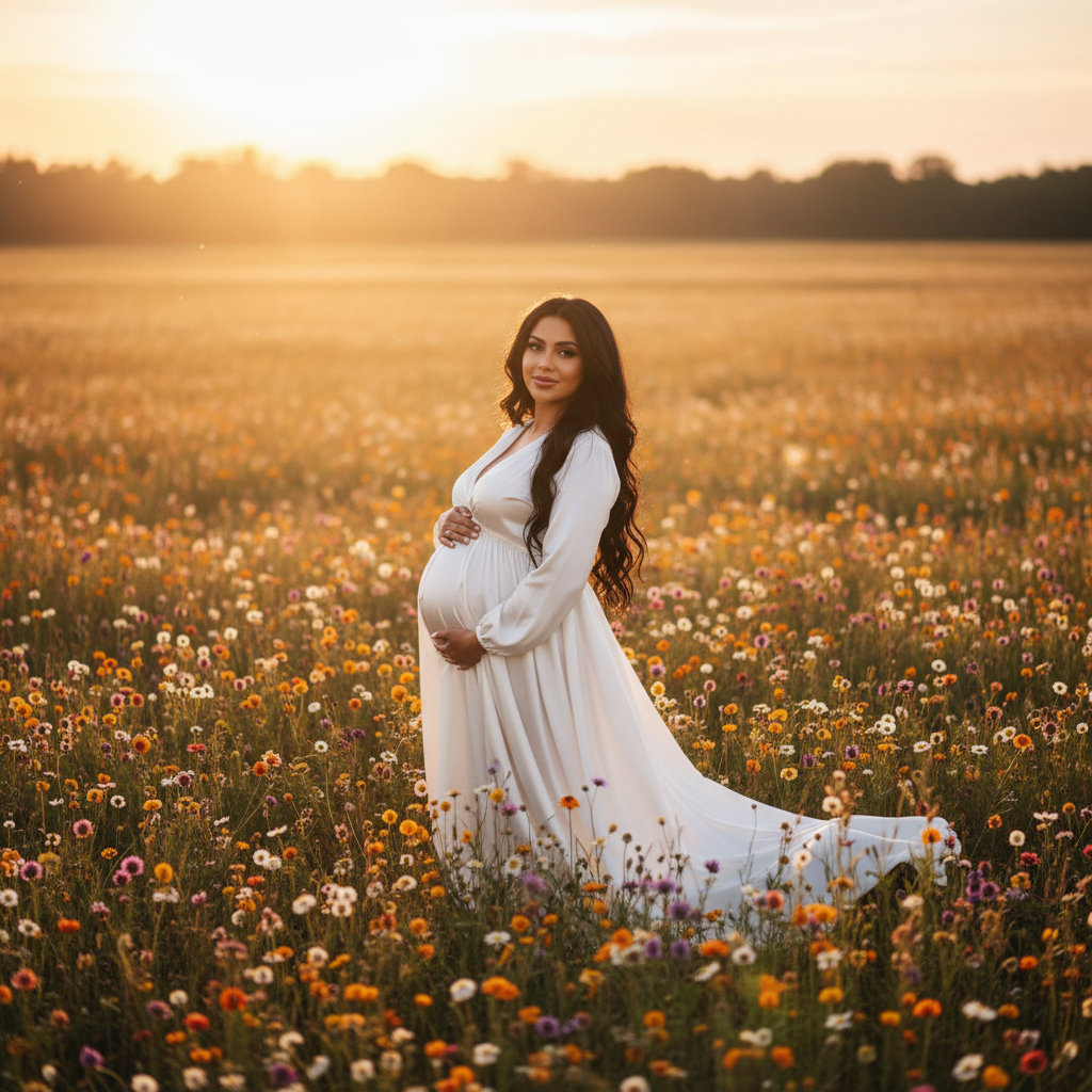 המודל ההרה, בשמלת משי לבנה וזורמת, עומדת בשדה פרחים רחב, מוארת באור שקיעה זהוב ורך, באווירה שלווה וקסומה.התמונה תכיל רק אדם אחד.