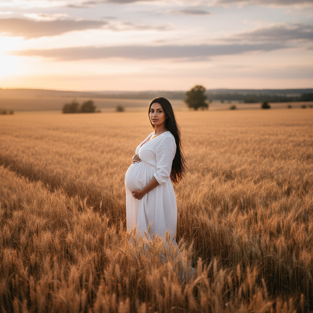 המודל ההרה, בשמלת מקסי פשתן לבנה זורמת, עומדת בשדה חיטה זהוב, מוארת באור שקיעה חם ורך, באווירה פסטורלית ושלווה.התמונה תכיל רק אדם אחד.