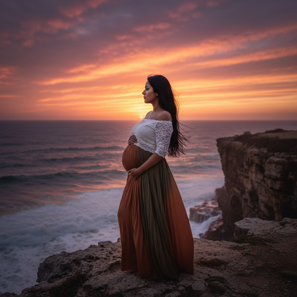 המודל ההרה, בטופ תחרה לבן עדין וחצאית מקסי בצבעי אדמה, ניצבת על צוק המשקיף לים, בשקיעה דרמטית, מוארת באור כתום-סגול עשיר, באווירה עוצמתית וטבעית.התמונה תכיל רק אדם אחד.