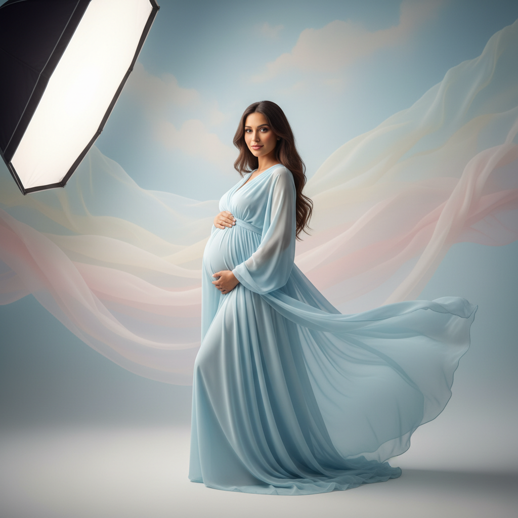 המודל ההרה, בשמלת שיפון רפויה בצבע תכלת פסטל עדינה, עומדת בסטודיו מינימליסטי עם רקע בהיר וזורם, מוארת בתאורת סטודיו רכה ומפוזרת, באווירה חלומית ואלגנטית.התמונה תכיל רק אדם אחד.