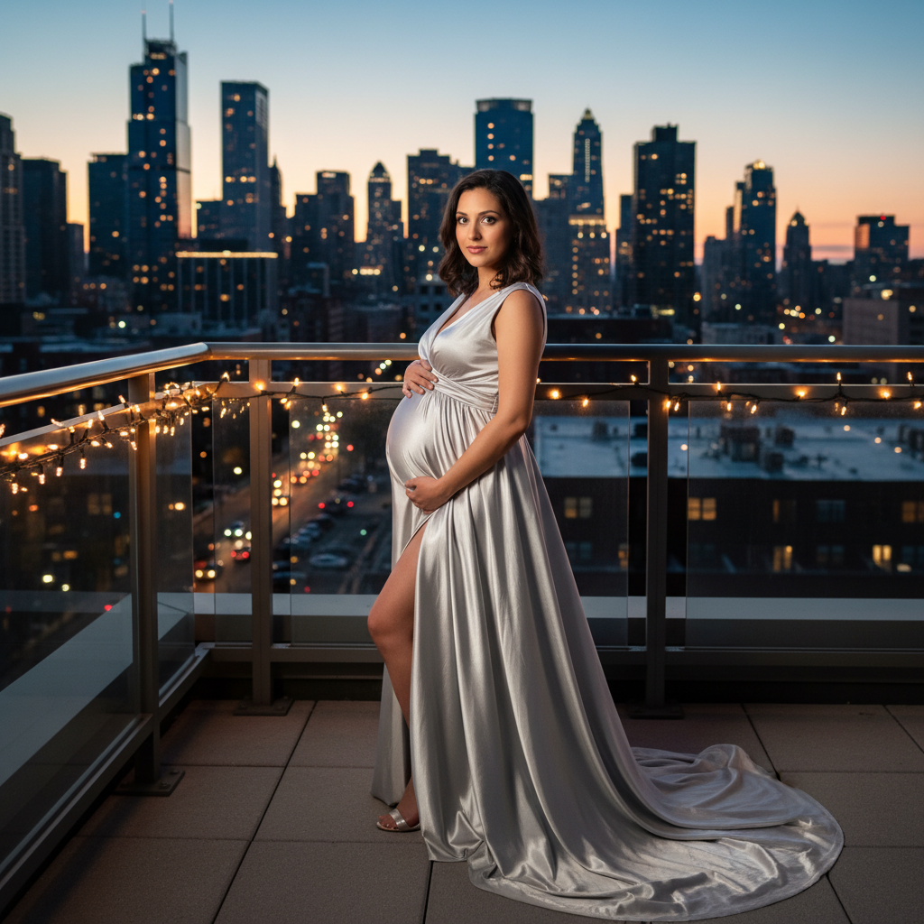 המודל ההרה, בשמלת סאטן כסופה זורמת, עומדת במרפסת גג אורבנית מוארת באורות עיר רכים בשעת בין ערביים, אווירה זוהרת ואלגנטית.התמונה תכיל רק אדם אחד.