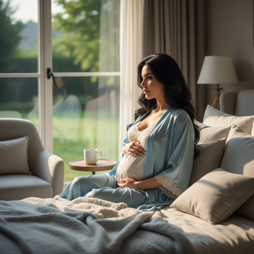 המודל ההרה, בחלוק משי בהיר פתוח מעל גופייה עדינה, יושבת ליד חלון גדול בחדר שינה נעים, מוארת באור בוקר רך, באווירה אינטימית ומרגיעה.התמונה תכיל רק אדם אחד.