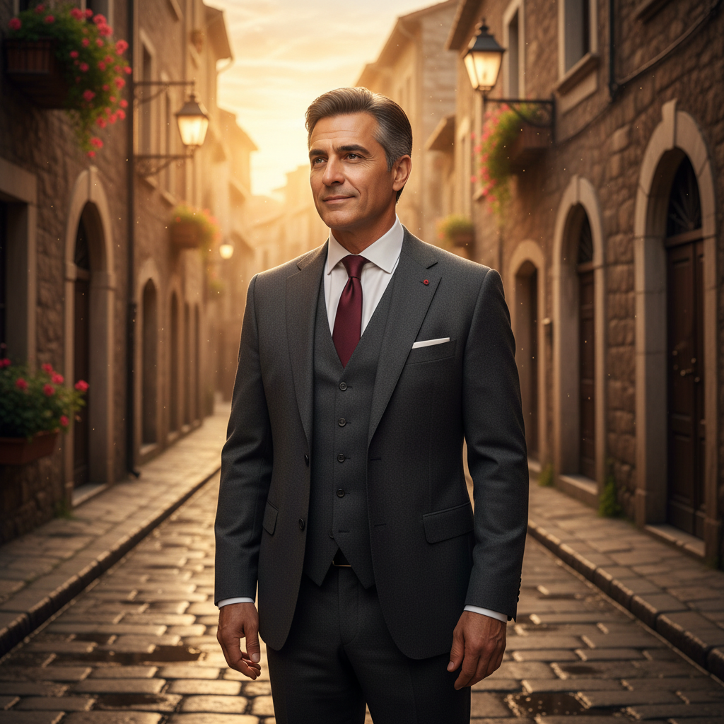מודל גבר, בחליפת שלושה חלקים אפורה-כהה מבד צמר, חולצה לבנה מכופתרת, עניבת משי צרה בגוון בורדו, ניצב ברחוב מרוצף אבן בעיר אירופאית עתיקה, תאורת שקיעה חמה וזהובה, אווירה קלאסית ורומנטית.התמונה תכיל רק אדם אחד.