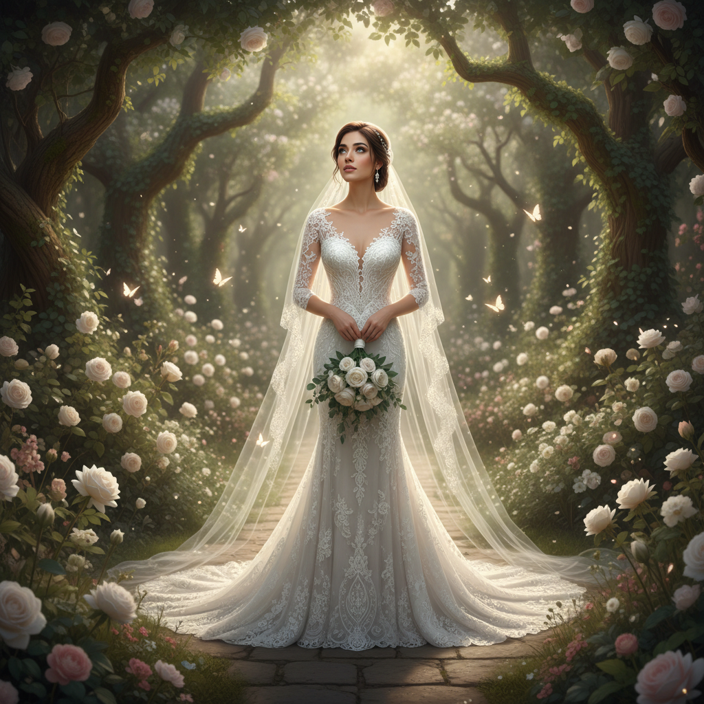 המודל, בשמלת כלה לבנה אלגנטית עם תחרה, הינומה עדינה, עומדת בגן בוטני רומנטי תחת תאורה טבעית רכה, אווירה קסומה וחלומית.התמונה תכיל רק אדם אחד.