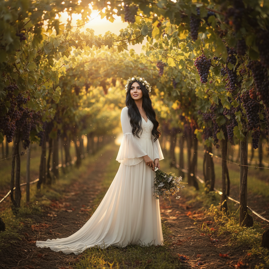 המודל, בשמלת כלה בסגנון בוהו-שיק מבד שיפון שנהב, זר פרחים עדין בשיער, ניצבת בין כרמים ירוקים בשעת שקיעה זהובה, אווירה רומנטית וקסומה.התמונה תכיל רק אדם אחד.