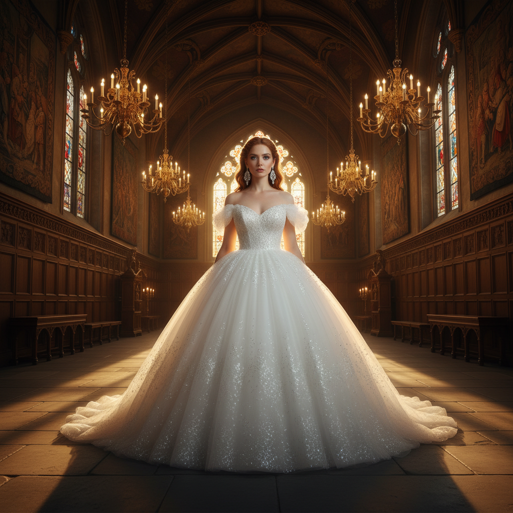 המודל, בשמלת כלה נסיכותית מנפחת מבד טול לבן עם פאייטים עדינים, כתפיות חשופות ועגילים נוצצים, ניצבת באולם נשפים מפואר בטירה עתיקה, מוארת בתאורת נברשות חמה ויוקרתית, אווירה מלכותית ודרמטית.התמונה תכיל רק אדם אחד.