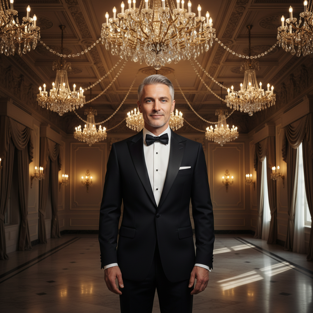 מודל, בחליפת חתן יוקרתית שחורה עם דש סאטן מבריק, חולצה מכופתרת לבנה, עניבת פרפר קלאסית, ניצב באולם אירועים אלגנטי עם תקרה גבוהה ועיטורי קריסטל, תאורת נברשות חמה ודרמטית, אווירה קלאסית ומלכותית.התמונה תכיל רק אדם אחד.