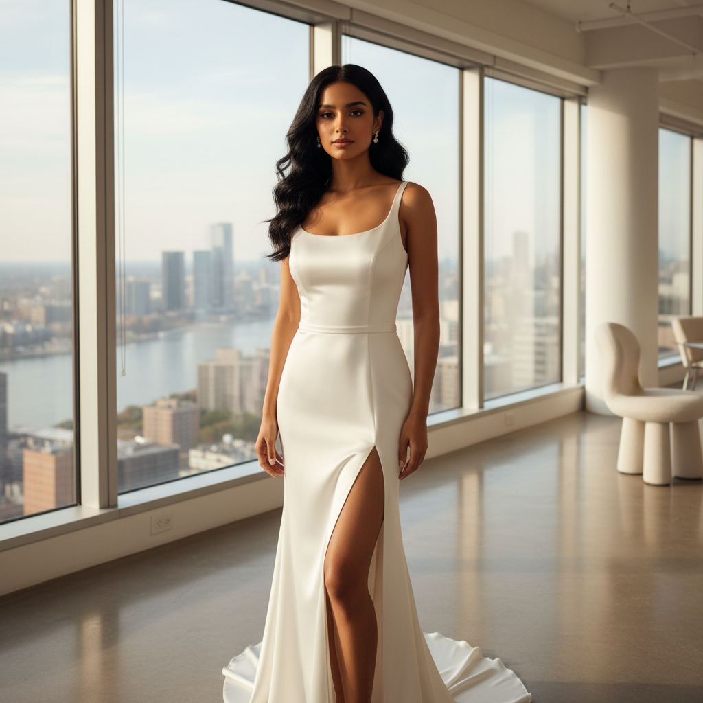 מודל אישה, בשמלת כלה סאטן מינימליסטית לבנה, שסע גבוה, עגילים צמודים, ניצבת מול חלון ענק בדירת גג אורבנית, תאורת בוקר בהירה, אווירה נקייה ומודרנית.התמונה תכיל רק אדם אחד.