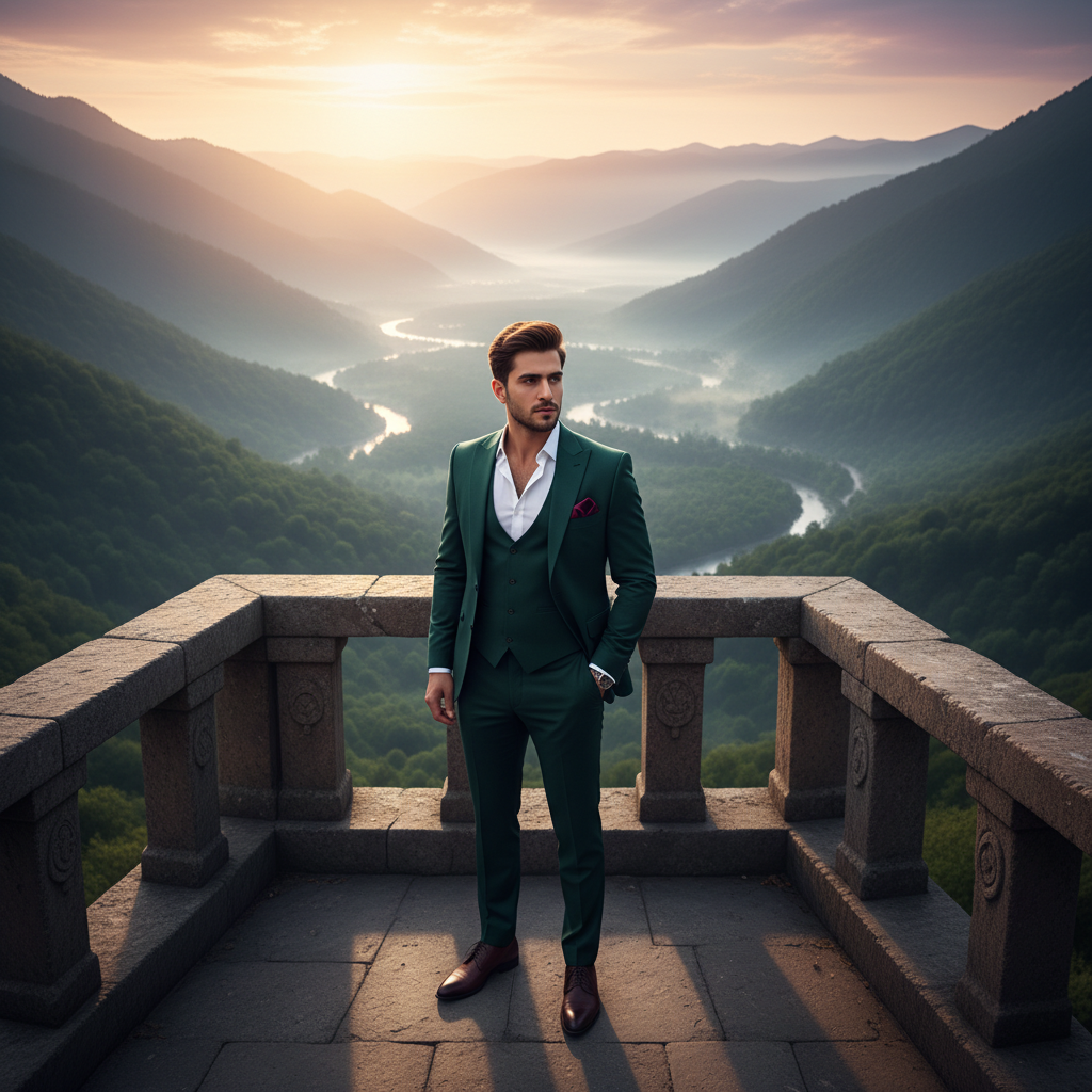 מודל גבר, בחליפת שלושה חלקים בגוון ירוק-בקבוק עמוק, וסט תואם, חולצה לבנה פתוחה קלות, מטפחת כיס בורגונדי, ניצב במרפסת אבן רחבה המשקיפה על עמק ירוק, תאורת שחר מוקדמת ורכה, אווירה דרמטית ומסתורית.התמונה תכיל רק אדם אחד.