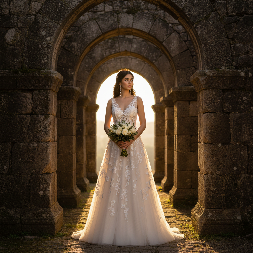 מודל אישה, בשמלת כלה A-line בצבע שמנת עם רקמת פרחים עדינה, עגילים ארוכים פנינה, ניצבת במעבר קשתות אבן עתיק, תאורת שמש זהובה דרך הקשתות, אווירה היסטורית ורומנטית.התמונה תכיל רק אדם אחד.