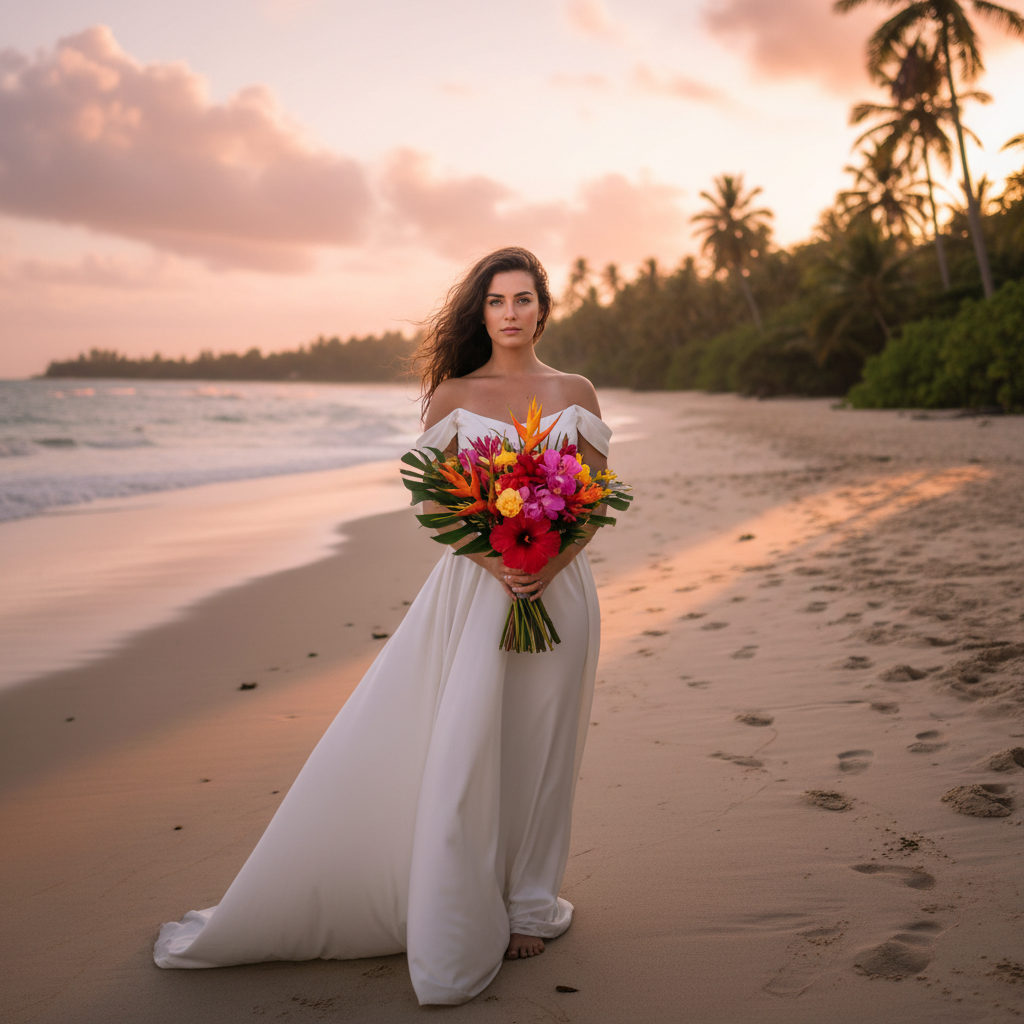 מודל, בשמלת כלה משי לבנה זורמת וכתפיים חשופות, זר פרחים טרופיים, עומדת על חוף ים בתאורת שקיעה ורודה-כתומה, אווירה שלווה ואקזוטית.התמונה תכיל רק אדם אחד.