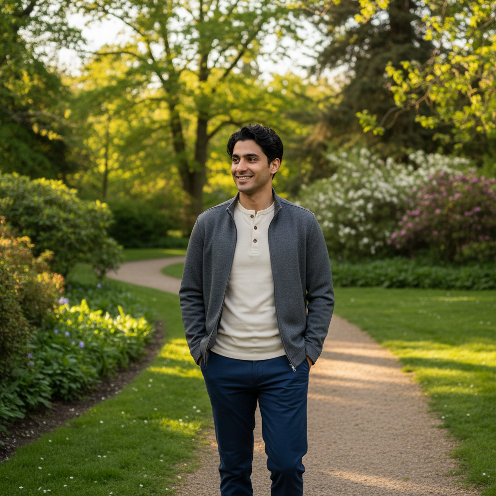 המודל (גבר), לבוש סמארט-קז'ואל חיצוני: מכנסי צ'ינו כחולים כהים, חולצת הנלי בצבע חאקי, ז'קט קל פתוח, מטייל בפארק ירוק מואר באור שמש רך של אחר הצהריים, אווירה רעננה ונינוחה. התמונה תכיל רק אדם אחד.התמונה תכיל רק אדם אחד.