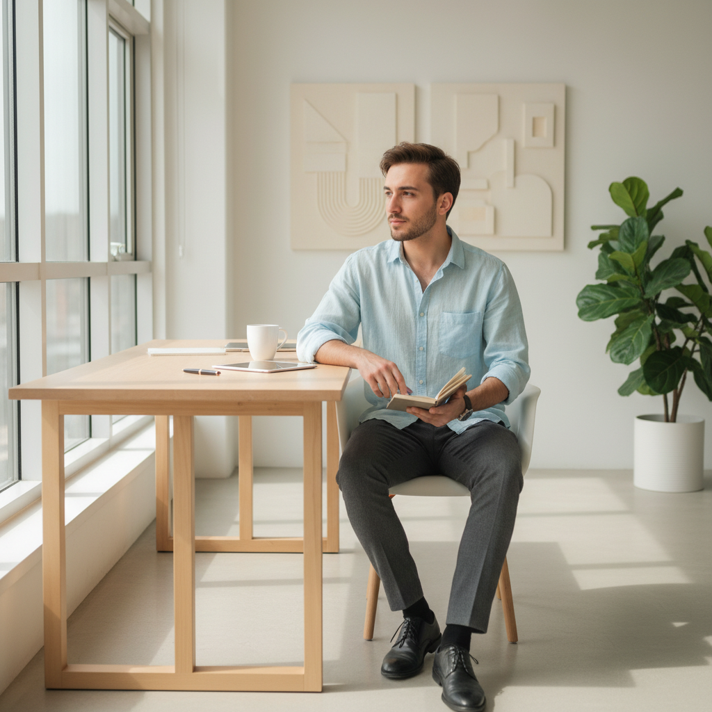 המודל (גבר), לבוש בחולצת פשתן כחולה בהירה ומכנסיים מחויטים בצבע פחם, יושב בנינוחות ליד שולחן עבודה מינימליסטי מעץ בהיר, בסביבת סטודיו מודרני מואר באור יום טבעי, אווירה רגועה ומלאת השראה.התמונה תכיל רק אדם אחד.