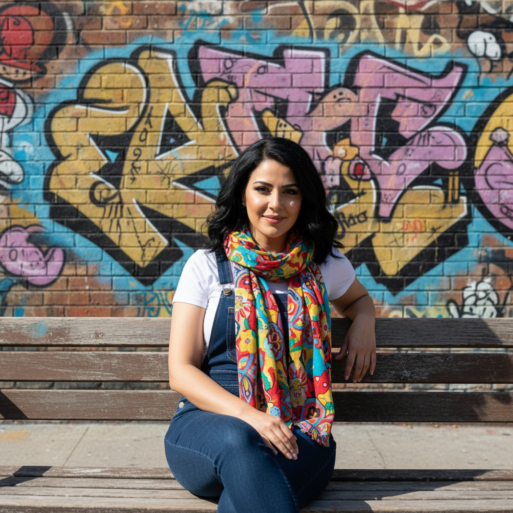 מודל (אישה), לבושה באוברול דנים כחול כהה, טי-שירט לבנה, וצעיף מודפס צבעוני, יושבת על ספסל רחוב מול גרפיטי אורבני, מוארת באור יום בהיר, אווירה יצירתית ותוססת.התמונה תכיל רק אדם אחד.