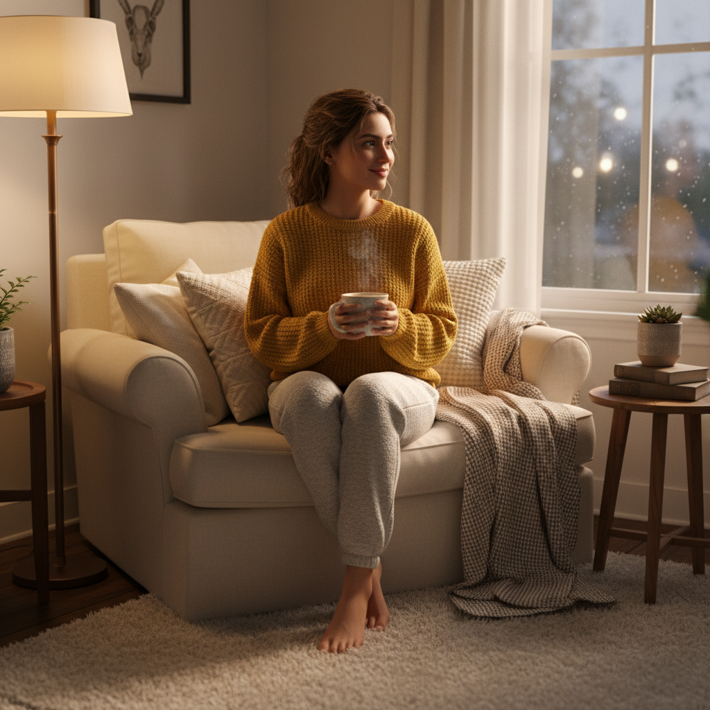המודל (אישה), לבושה בסוודר סרוג עבה בצבע חרדל ומכנסיים רכים מבד פליס בצבע אפור בהיר, עם כוס קפה ביד, בפינת ישיבה ביתית מוארת באור רך וחמים, אווירה נעימה ומזמינה.התמונה תכיל רק אדם אחד.