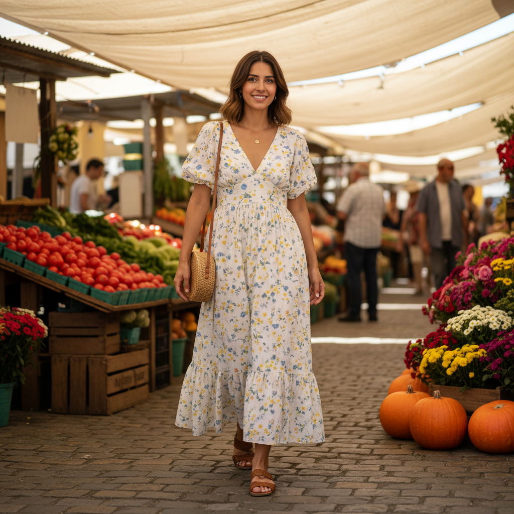 המודל (אישה), לבושה בשמלת מקסי קיצית מבד כותנה בהיר בהדפס פרחים עדין, סנדלי עור שטוחים ותיק קש קטן, משוטטת בשוק איכרים צבעוני באור יום שמשי, אווירה קלילה ושמחה.התמונה תכיל רק אדם אחד.