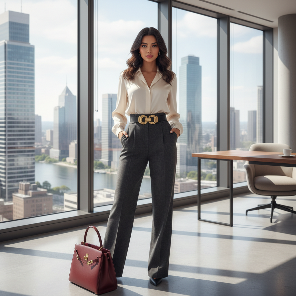 מודל אישה, בלבוש עסקי-יוקרתי: חולצת משי קרם, מכנסיים רחבים פחם, חגורת סטייטמנט זהובה, תיק מעצבים מובנה; משרד פנטהאוז מודרני, חלונות ענק, נוף אורבני, תאורת יום בהירה, אווירת ביטחון, הצלחה ותחכום.התמונה תכיל רק אדם אחד.