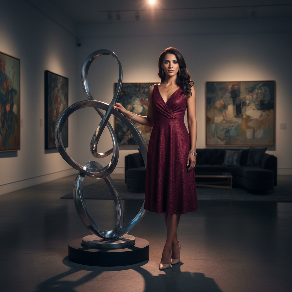 מודל אישה, שמלת קוקטייל בורגונדי אלגנטית, עקבים, תכשיטים עדינים; גלריית אמנות יוקרתית, פסל מודרני מואר; תאורת ספוט חדה, אווירה מתוחכמת, יוקרתית ומעוררת השראה.התמונה תכיל רק אדם אחד.