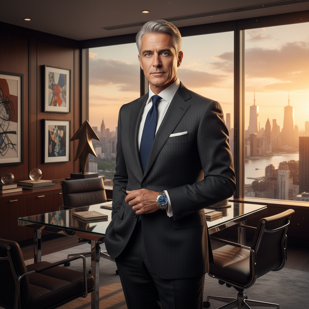 מודל גבר בחליפת מעצבים כהה, חולצה לבנה מכופתרת, עניבת משי ושעון יוקרתי; משרד פנטהאוז אלגנטי עם נוף קו רקיע עירוני, תאורת שקיעה חמה, אווירה של יוקרה והישגיות.התמונה תכיל רק אדם אחד.