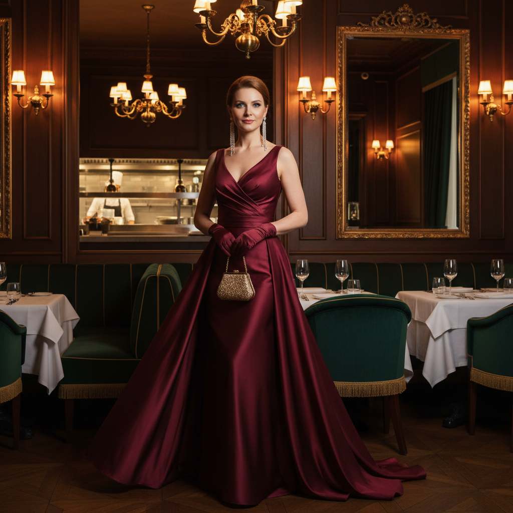 מודל אישה בשמלת ערב משי בצבע יין, עגילים ארוכים ותיק קלאץ' אלגנטי; פנים מסעדת שף יוקרתית, תאורה חמה, אווירה אינטימית, קלאסית ושופעת.התמונה תכיל רק אדם אחד.התמונה תכיל רק אדם אחד.