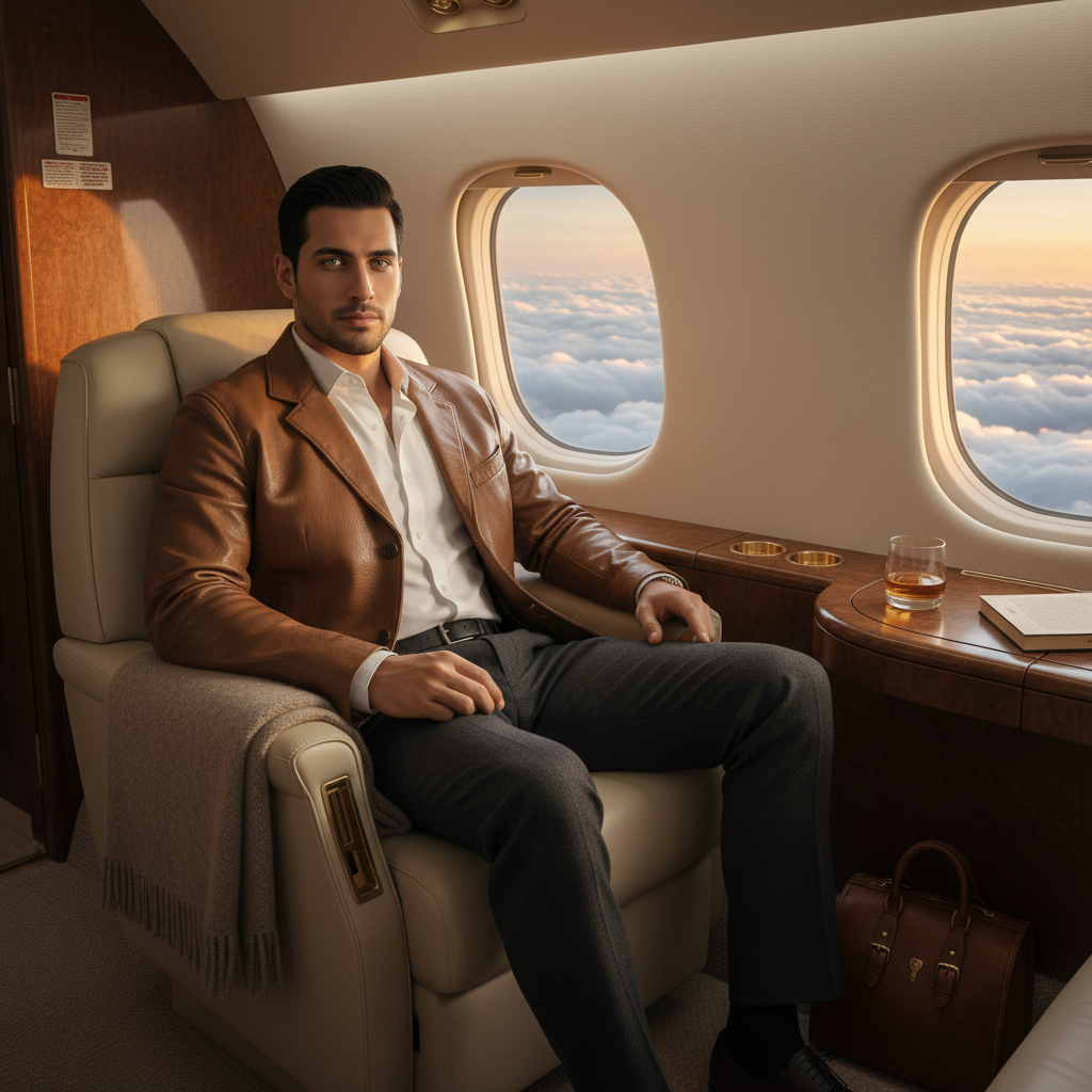 מודל גבר, ז'קט עור יוקרתי בצבע קאמל, חולצה מכופתרת לבנה, מכנסי צמר כהים; פנים מטוס פרטי מפואר, נוף עננים מבעד לחלון, תאורה רכה וחמה, אווירת נסיעות בינלאומיות, נוחות ושפע.התמונה תכיל רק אדם אחד.