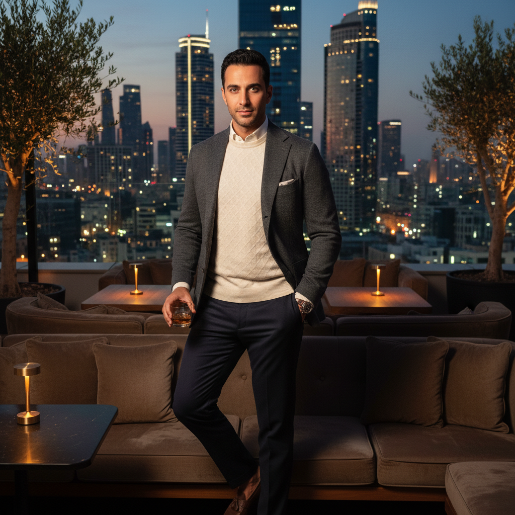 מודל גבר, בלייזר קשמיר כהה מחויט, גולף סריג יוקרתי, מכנסיים כהים; בר גג יוקרתי עם נוף אורבני מואר, תאורת ערב רכה, אווירה מתוחכמת ואלגנטית.התמונה תכיל רק אדם אחד.
