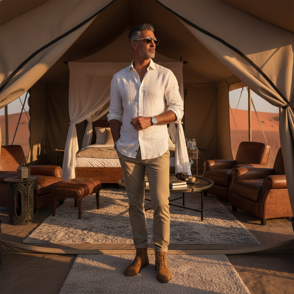 מודל גבר, לבוש קז'ואל-יוקרתי, חולצת פשתן מכופתרת עם שרוולים מגולגלים, מכנסי צ'ינו בהירים, מגפיים בסגנון מדברי, משקפי שמש אופנתיים, באוהל גלאמפינג מפואר במדבר, תאורת שקיעה חמה, אווירה הרפתקנית ויוקרתית.התמונה תכיל רק אדם אחד.