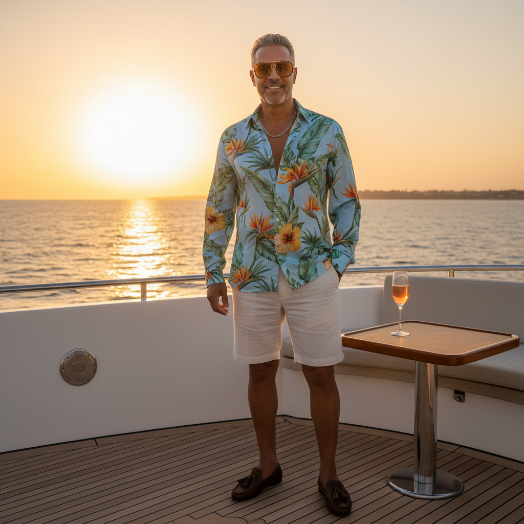 מודל גבר, חולצת משי בהירה עם הדפס טרופי, מכנסי פשתן קצרים בהירים, נעלי מוקסין אופנתיות, משקפי שמש יוקרתיים, על סיפון יאכטה מפוארת בלב ים, תאורת שקיעה זהובה, אווירת חופשה חגיגית וזוהרת.התמונה תכיל רק אדם אחד.
