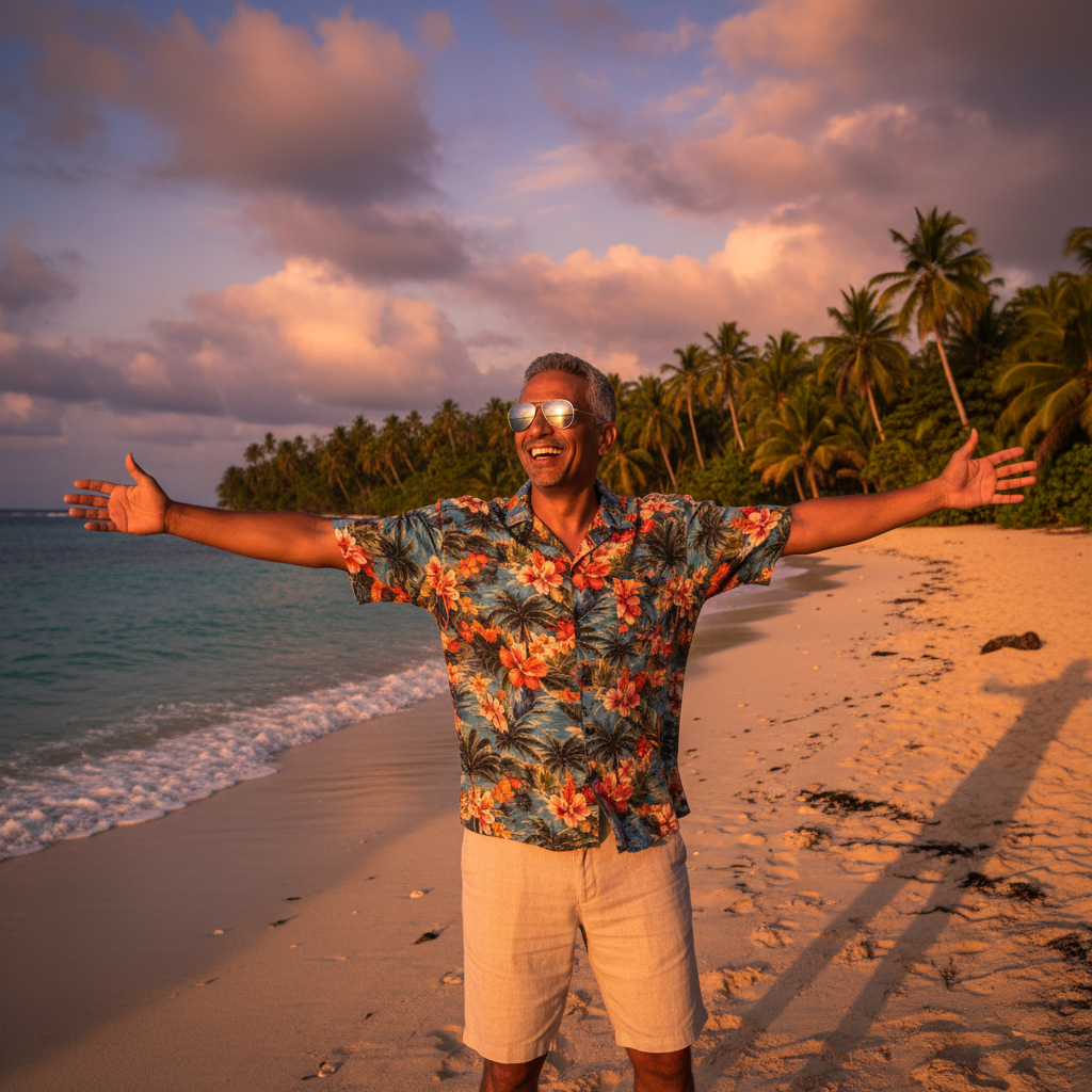 מודל גבר, לבוש חולצת הוואי צבעונית וקצרה, מכנסי שורט בהירים, משקפי שמש, על רקע חוף טרופי בשעת שקיעה, תאורה חמה, אווירה פרועה וקלילה.התמונה תכיל רק אדם אחד.