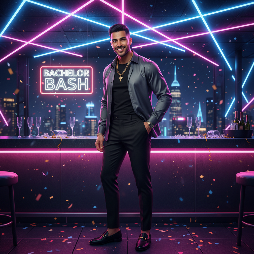 מודל גבר, לבוש קז'ואל-יוקרתי, חולצה מכופתרת פתוחה וכהה, שרשרת זהב, במסיבת רווקים אקסקלוסיבית בבר גג, תאורת ניאון דרמטית, אווירה פרועה וחגיגית.התמונה תכיל רק אדם אחד.