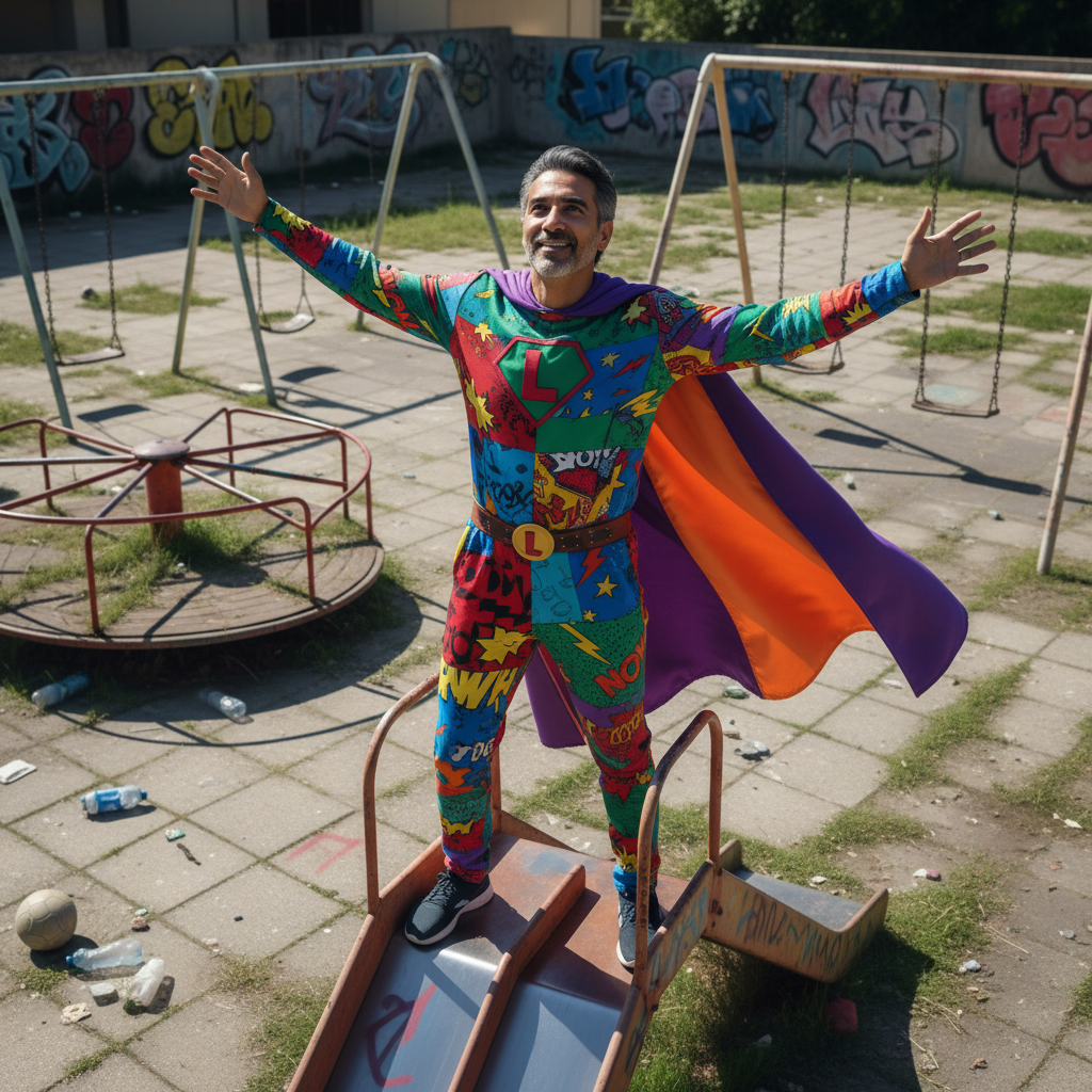 מודל גבר, תחפושת גיבור-על צבעונית עם גלימה, בתוך מגרש משחקים נטוש, תאורת יום בהירה, אווירה קומית ופרועה.התמונה תכיל רק אדם אחד.