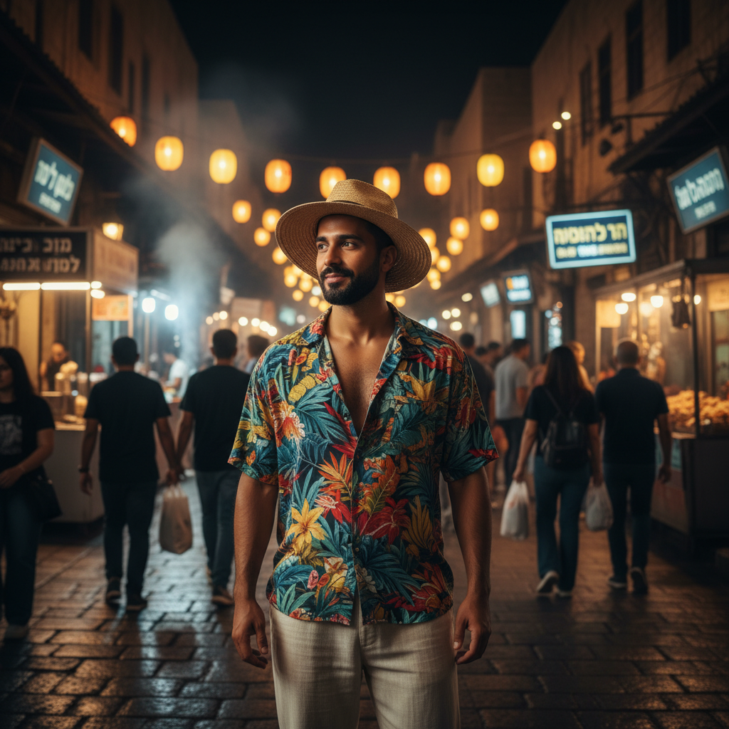 מודל גבר, חולצת כפתורים פתוחה בהדפס טרופי צבעוני, מכנסי פשתן בהירים, כובע קש אופנתי, בשוק לילה סואן בעיר אקזוטית, תאורת רחוב חמה וזוהרת, אווירה תוססת והרפתקנית של חגיגה.התמונה תכיל רק אדם אחד.