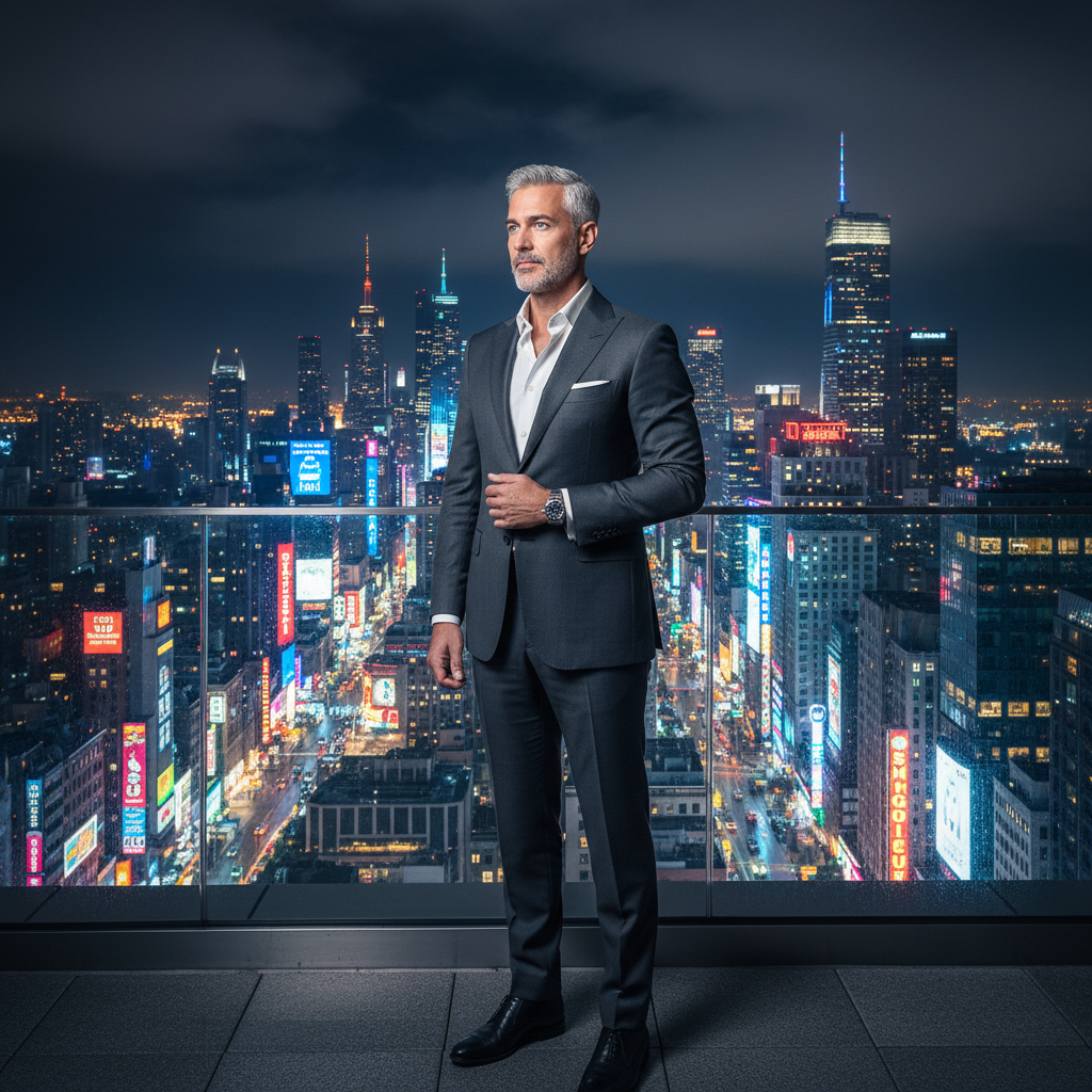 מודל גבר, חליפה מחויטת כהה, חולצה לבנה פתוחה, שעון יוקרה, על גג בניין גבוה בעיר מוארת בלילה, תאורת ניאון אורבנית, אווירה יוקרתית וחגיגית.התמונה תכיל רק אדם אחד.