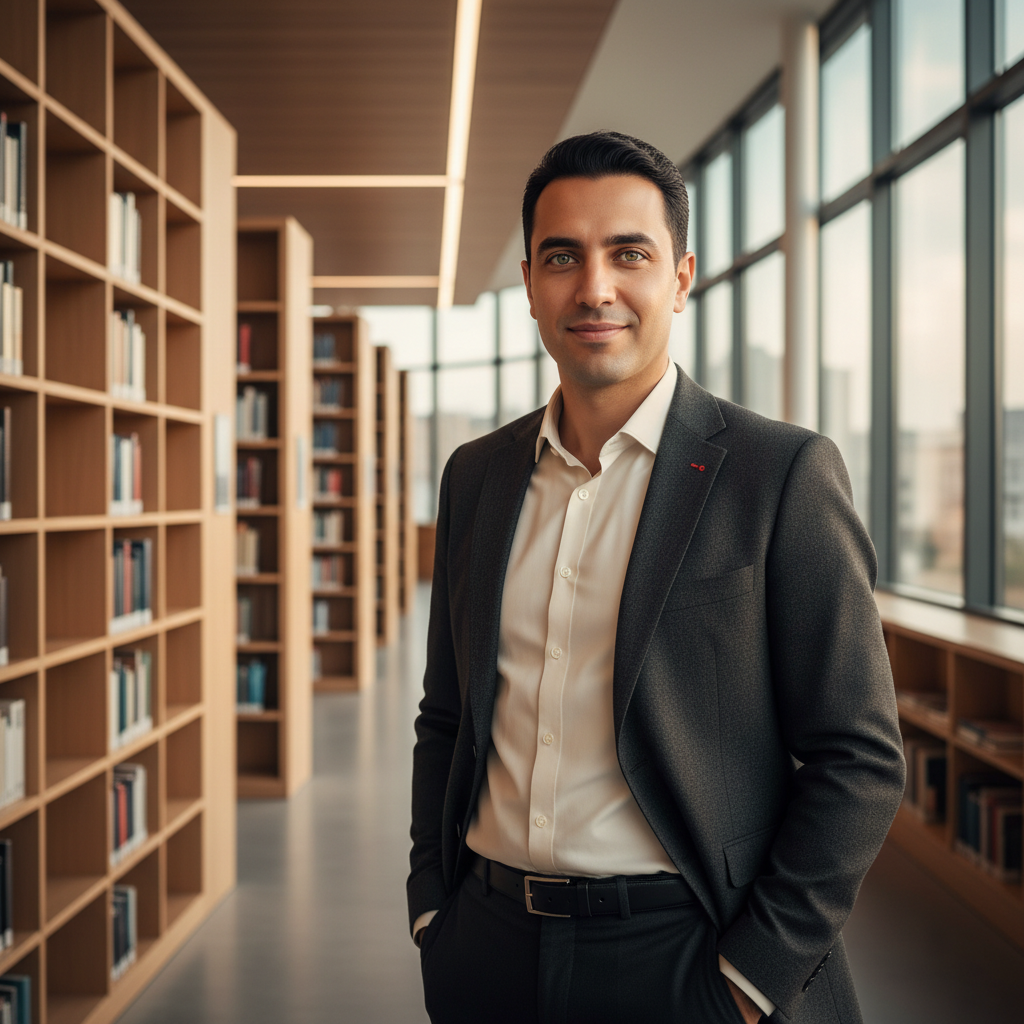 מודל גבר, ז'קט טקסטורלי כהה מעל חולצה מכופתרת בצבע שמנת, מכנסיים מחויטים כהים; רקע ספרייה מודרנית עם מדפי עץ בהירים וחלונות גדולים, תאורת אווירה רכה וחמימה, אווירה אינטלקטואלית ונגישה.התמונה תכיל רק אדם אחד.