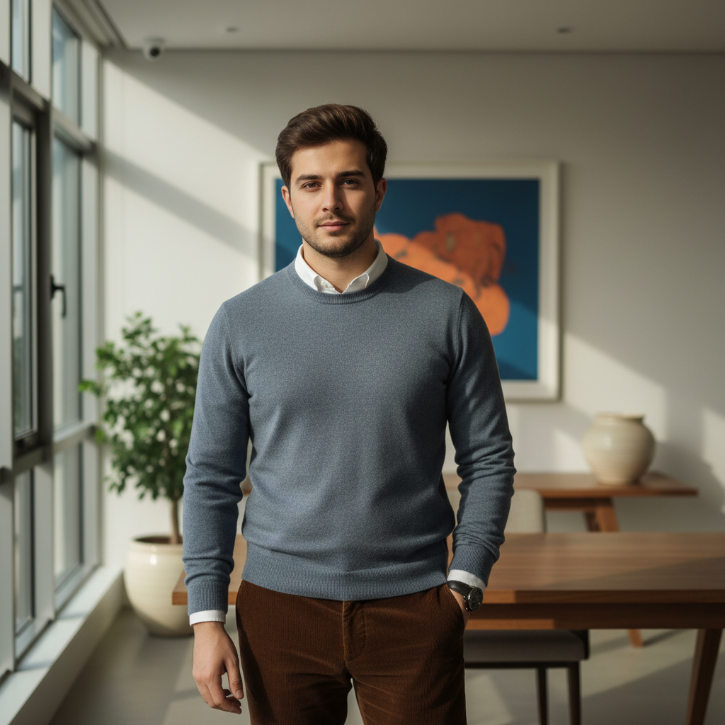 מודל גבר בלבוש עסקי-חמים, סריג קשמיר אפור-כחול אלגנטי מעל חולצה מכופתרת לבנה, מכנסי קורדרוי עמוקים, על רקע חלל פנים מודרני מואר באור יום רך, אווירה נינוחה ומקצועית.התמונה תכיל רק אדם אחד.