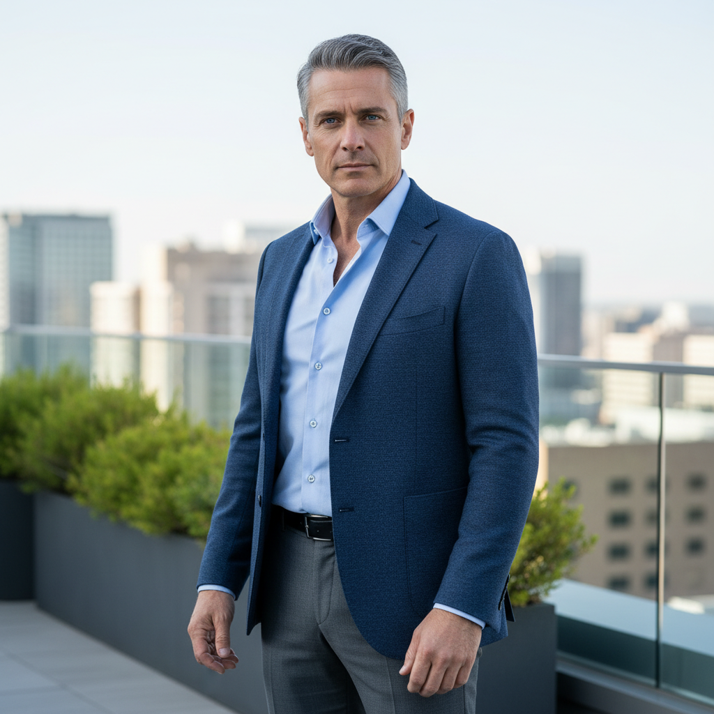 מודל גבר בלבוש עסקי-מודרני, בלייזר טקסטורלי כחול כהה, חולצה מכופתרת בהירה פתוחה, מכנסיים מחויטים כהים, על רקע מרפסת גג אורבנית מוארת היטב עם קו רקיע מרומז, תאורת יום טבעית, אווירה שאפתנית ודינמית.התמונה תכיל רק אדם אחד.