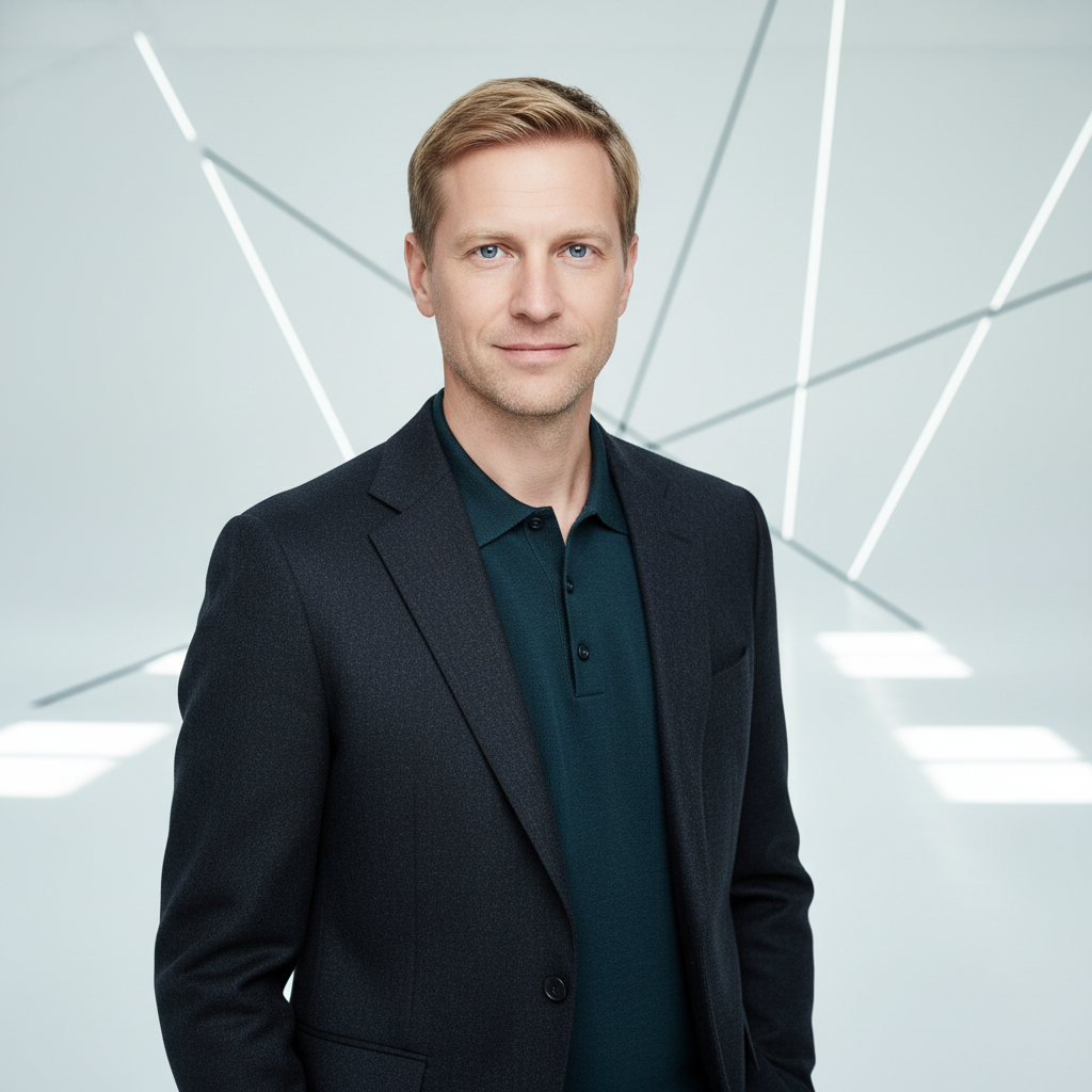 מודל גבר בלבוש עסקי-חדשני: בלייזר יוקרתי כהה, חולצת פולו סרוגה איכותית בצבע עמוק, על רקע סטודיו מינימליסטי בהיר עם אלמנטים גיאומטריים עדינים, תאורת אולפן מודרנית עם קונטרסט רך, אווירה יצירתית ומקצועית.התמונה תכיל רק אדם אחד.