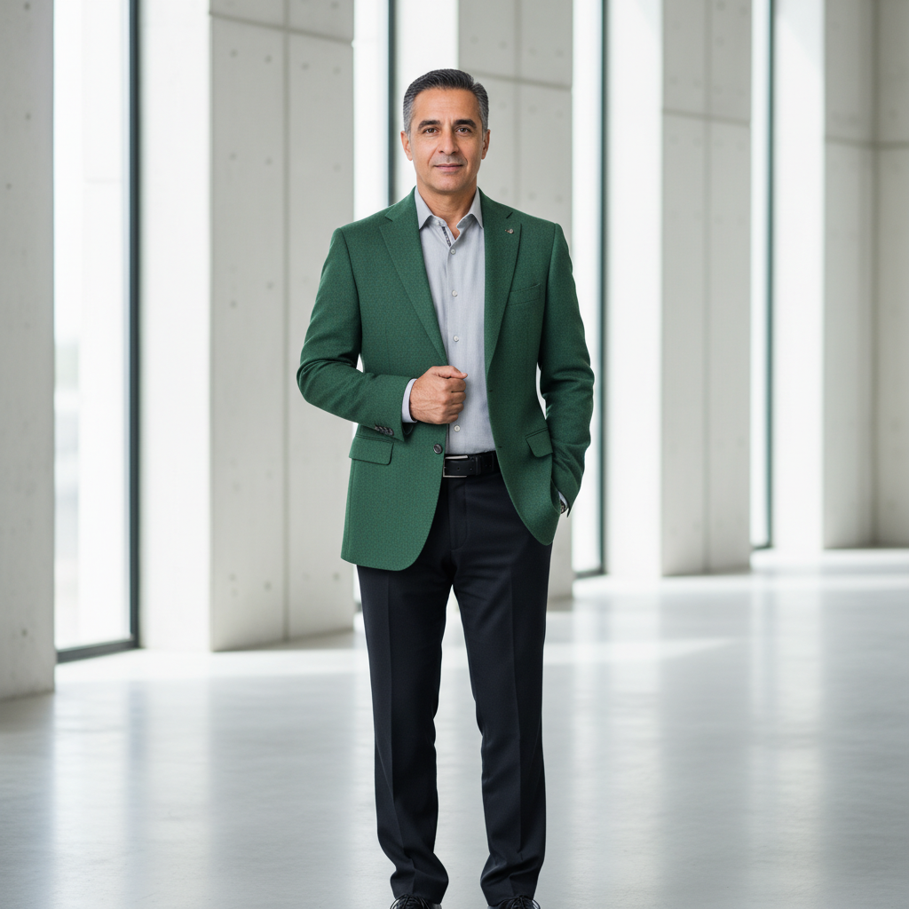 מודל גבר, בלייזר צמר יוקרתי ירוק-בקבוק, חולצה מכופתרת אפורה בהירה, מכנסיים מחויטים כהים; רקע אדריכלי מינימליסטי בהיר, תאורת סטודיו אחידה ומדויקת; אווירה מבריקה, אמינה, בעלת נוכחות.התמונה תכיל רק אדם אחד.