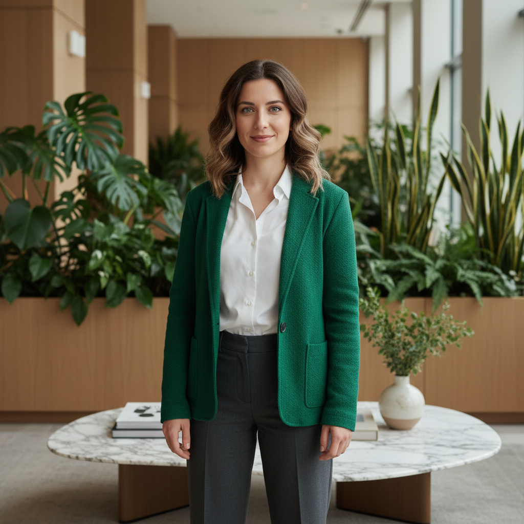 מודל אישה בלבוש עסקי-עכשווי: בלייזר סרוג בצבע ירוק-אמרלד, חולצה מכופתרת לבנה, מכנסיים מחויטים באפור-פחם. רקע של לובי מודרני עם עץ טבעי וצמחייה ירוקה, תאורה רכה ואוורירית, אווירה שלווה ויוקרתית.התמונה תכיל רק אדם אחד.