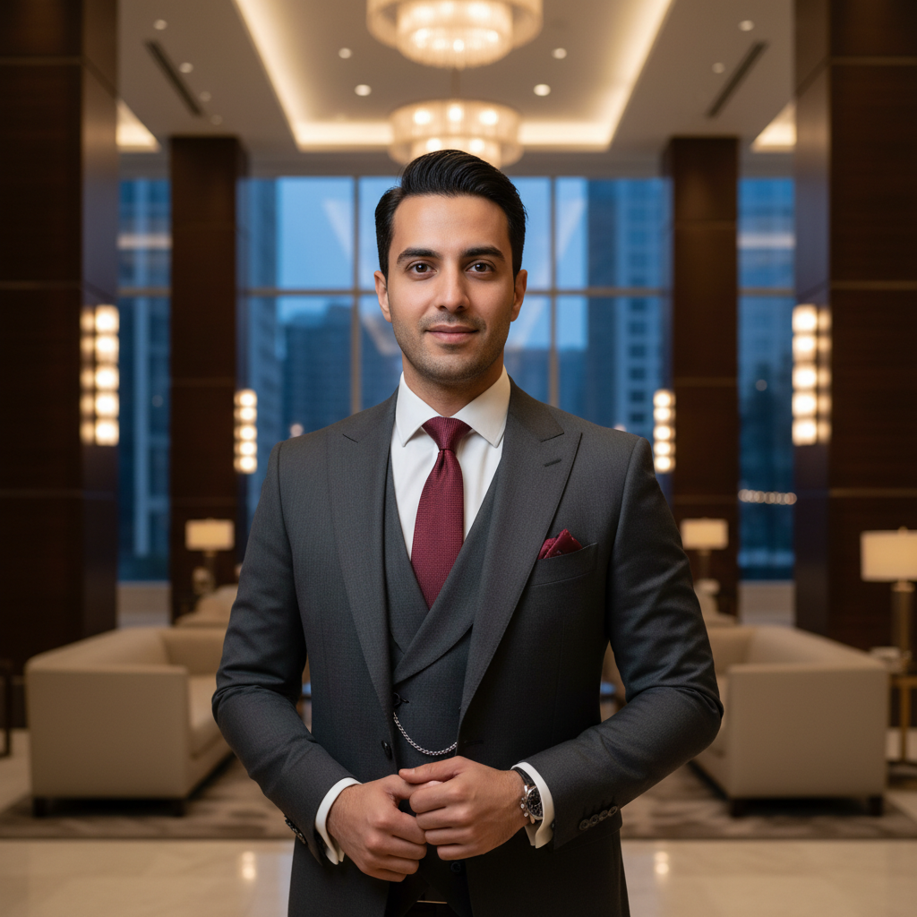 מודל גבר בלבוש עסקי קלאסי, חליפת שלושה חלקים בגוון אפור פחם, חולצה מכופתרת לבנה ועניבה משי בורדו, על רקע לוקסוס לובי מודרני עם נגיעות עץ כהה ותאורה רכה מלמעלה, אווירה יוקרתית ואמינה.התמונה תכיל רק אדם אחד.