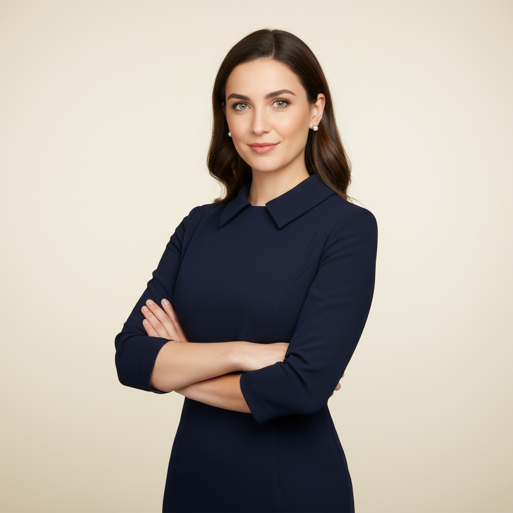 מודל אישה, לבוש עסקי אלגנטי: שמלה מחוייטת בצבע כחול נייבי עמוק, עגילים צמודים, רקע סטודיו בגוון שמנת בהיר, תאורת אולפן מדויקת ומחמיאה, אווירה סמכותית, מקצועית ואמינה.התמונה תכיל רק אדם אחד.