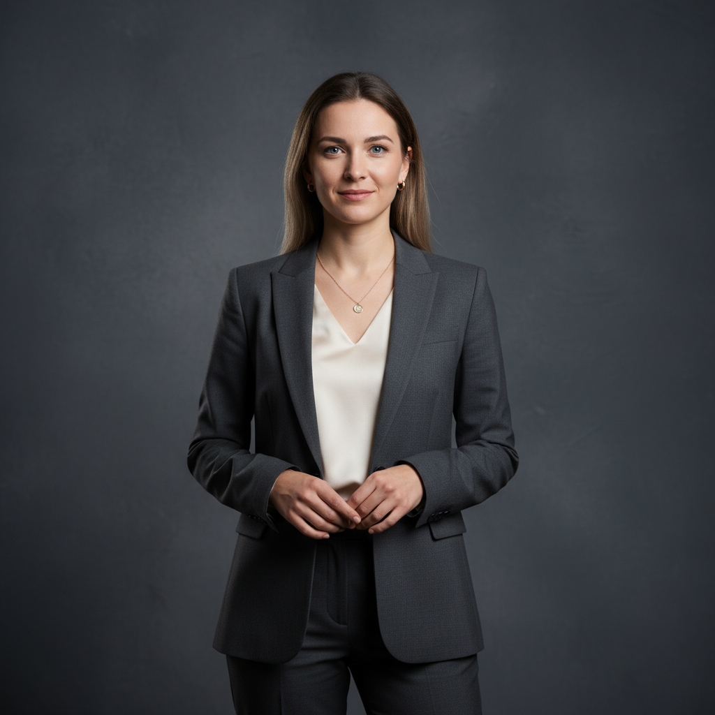 מודל אישה, חליפת מכנסיים מחוייטת בצבע פחם, חולצת משי בהירה, תכשיטים עדינים, רקע סטודיו כהה בעל טקסטורה מינימלית, תאורת אולפן מלוטשת, אווירה סמכותית, מקצועית ואמינה.התמונה תכיל רק אדם אחד.