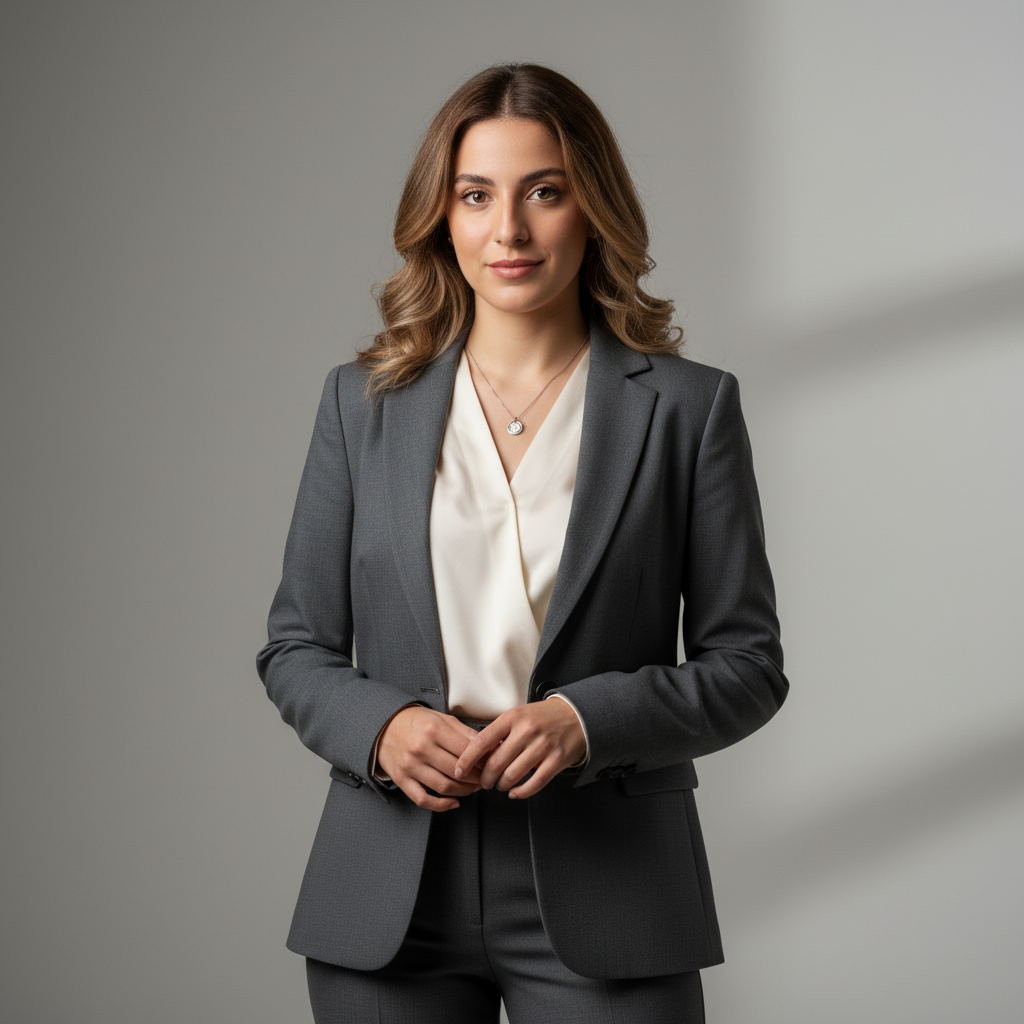 מודל אישה, חליפת מכנסיים מחוייטת בצבע אפור פחם, חולצת משי בהירה, שרשרת כסף עדינה, רקע סטודיו אפור-בהיר עם עומק עדין, תאורת אולפן ממוקדת, אווירה אסרטיבית ומעוררת אמון.התמונה תכיל רק אדם אחד.