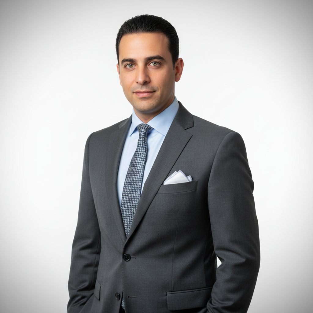 מודל גבר, חליפת עסקים מחוייטת בצבע אפור פחם, חולצה תכלת בהירה, עניבה משיכה עם דוגמת מיקרו, מטפחת כיס, רקע סטודיו בהיר עם אפקט וינייט עדין, תאורת מפתח רכה ומודגשת, אווירה מקצועית וסמכותית.התמונה תכיל רק אדם אחד.