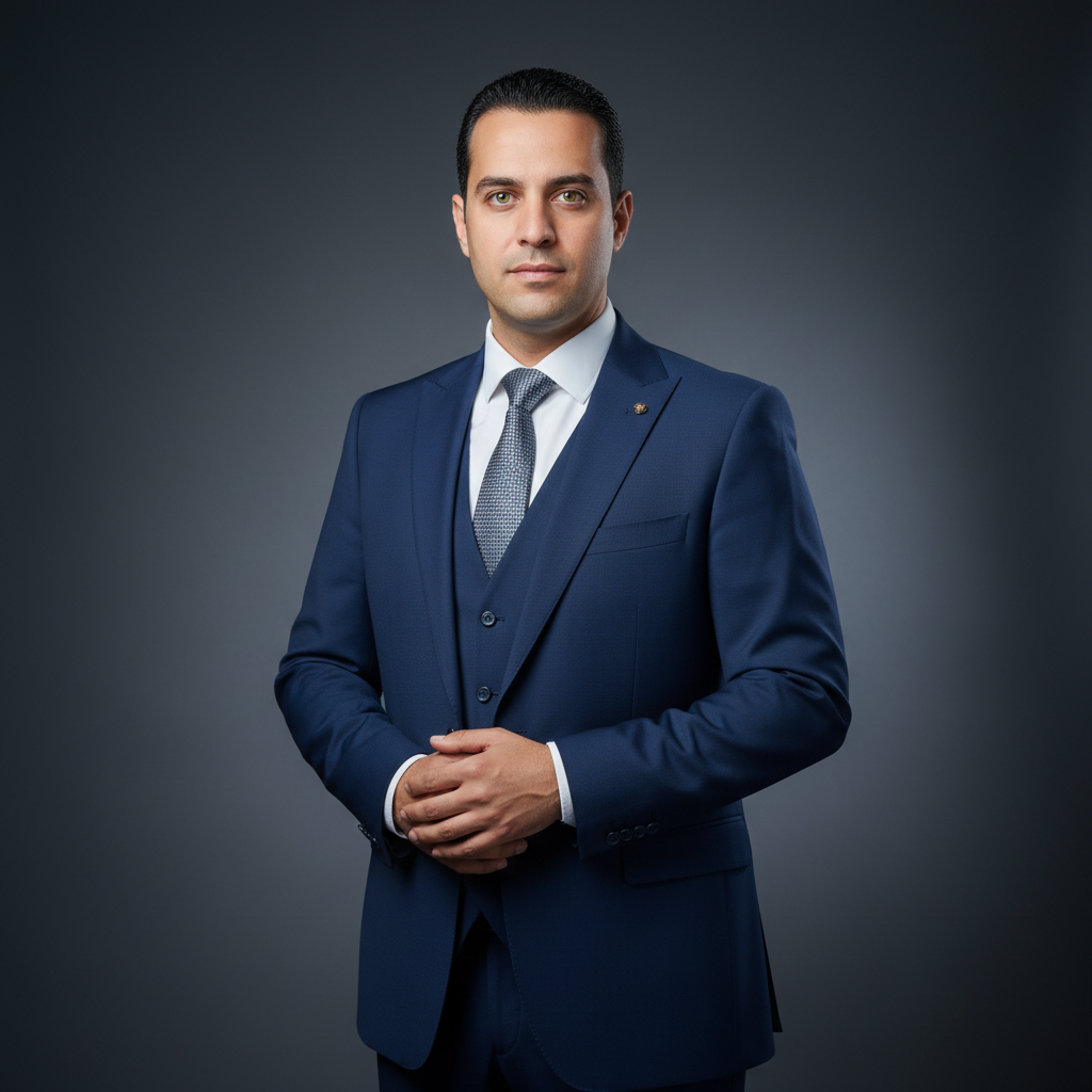 מודל גבר, חליפת שלושה חלקים מחוייטת בצבע כחול נייבי, חולצה מכופתרת לבנה, עניבה עם דוגמה עדינה, רקע סטודיו אפור-פחם בעל עומק עדין, תאורת סטודיו מאוזנת ומקצועית, אווירה סמכותית, מקצועית ואמינה.התמונה תכיל רק אדם אחד.