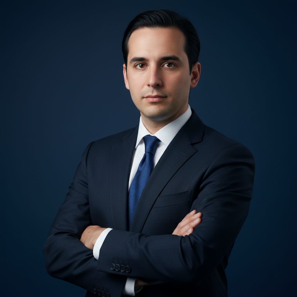 מודל גבר, חליפת עסקים כהה ומחוייטת, חולצה לבנה מכופתרת, עניבת משי, רקע סטודיו כחול כהה ואחיד, תאורת מפתח חדה ומקצועית, אווירה סמכותית, מקצועית ואמינה.התמונה תכיל רק אדם אחד.